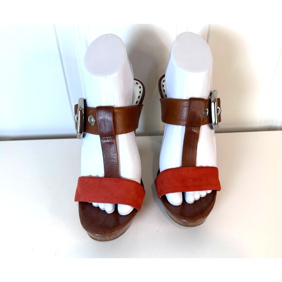 Gianni Bini T-Strap Leather Mules Heels Orange & Brown US 8M - Picture 2 of 10
